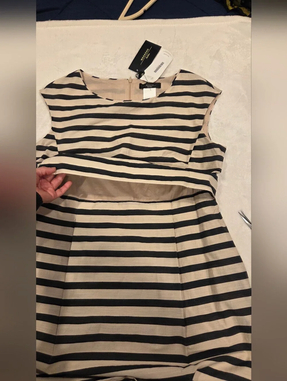 WEEKEND MAXMARA Striped Tie-Neck Sleeveless Dress in Black and White, Size 16 - Picture 10 of 16